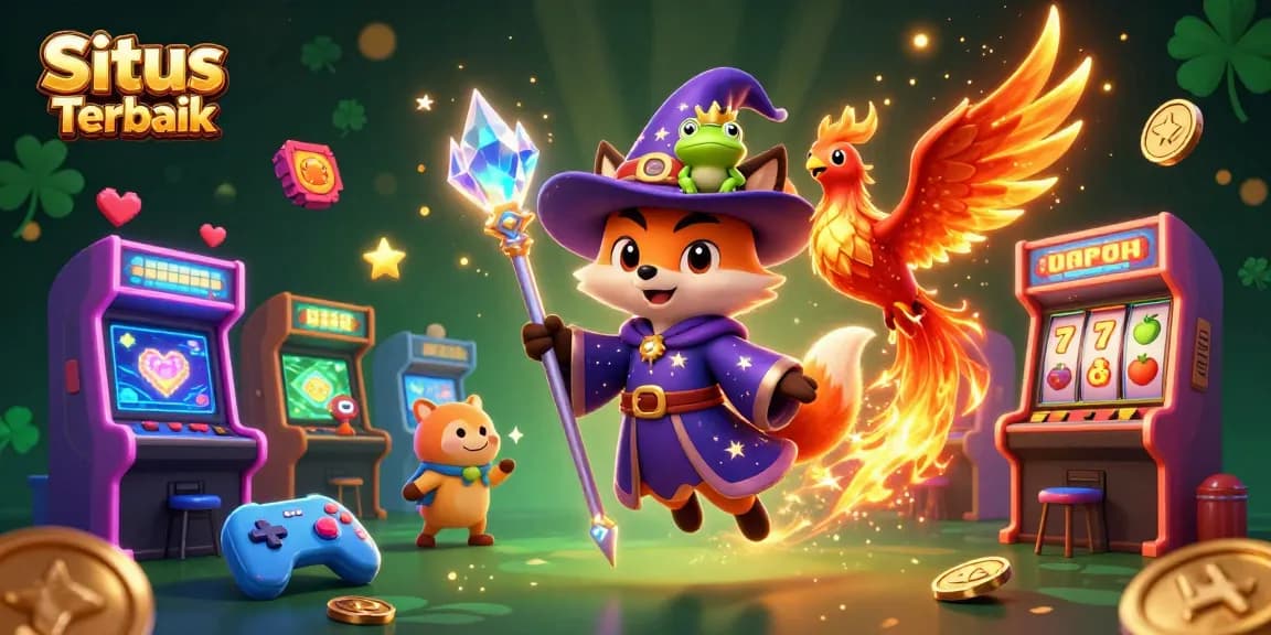 Situs Slot Terbaik featuring a wizard fox and phoenix in a vibrant casino scene filled with slot game elements.