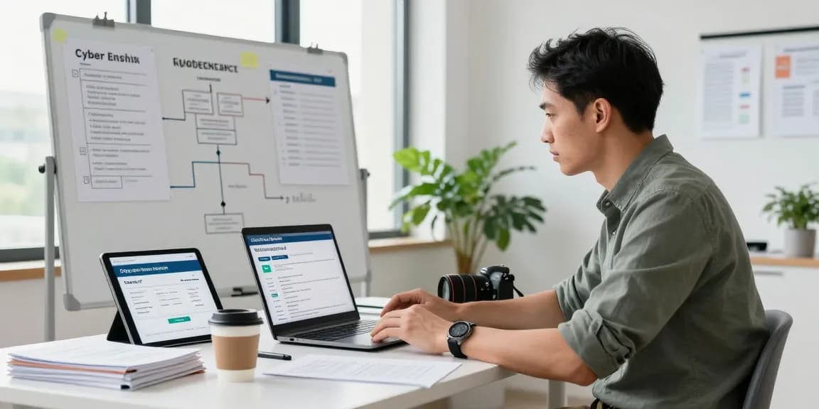 Cyber Essentials certification process in a professional cybersecurity workspace with consultant and compliance checklists.