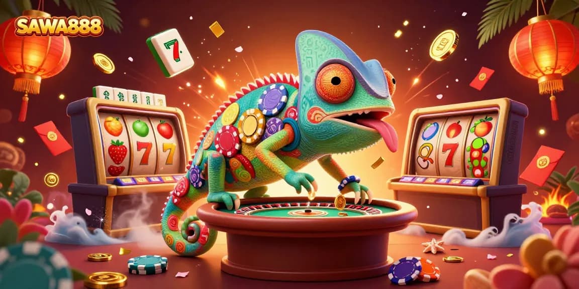 Experience the thrilling world of SAWA888 with dynamic casino elements and a vibrant chameleon mascot.