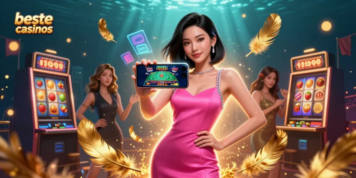 Experience the excitement of beste online casinos with a stunning Asian woman showcasing live dealer games on her smartphone.