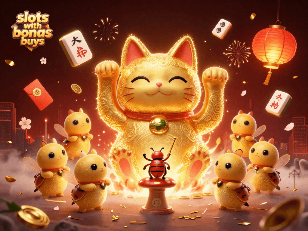 Experience exciting gameplay with slots with bonus buys amidst colorful casino elements and a golden lucky cat.