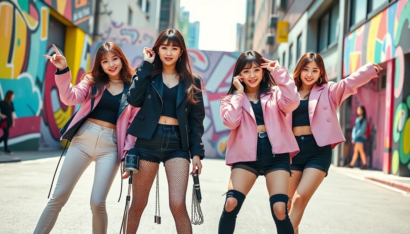 Blackpink members showcasing their vibrant styles in a lively urban setting.