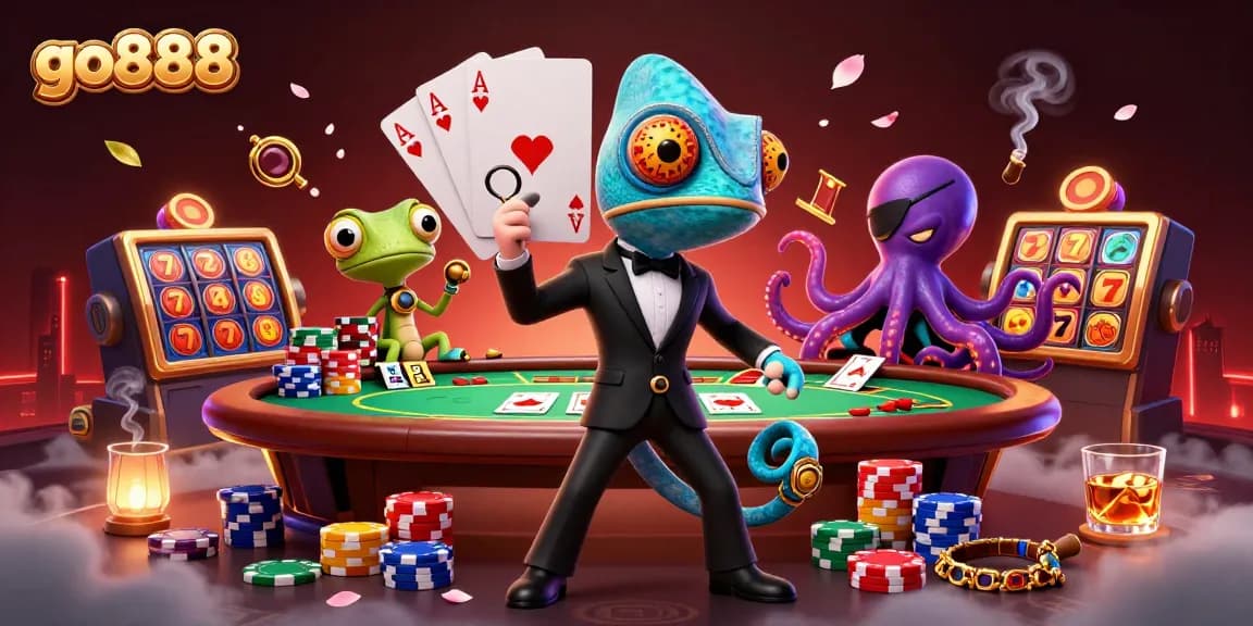 Engage with go888's vibrant casino scene featuring a secret agent chameleon alongside an octopus and gecko.