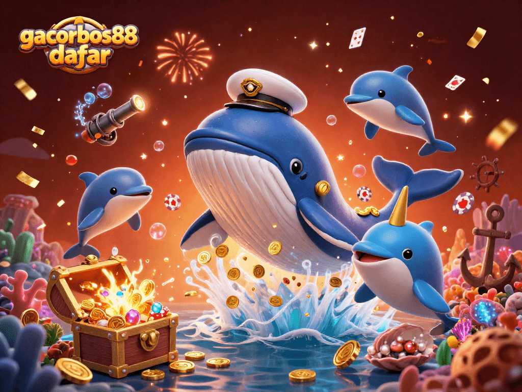 Join the fun at gacorbos88 daftar with a vibrant 3D scene of a whale captain and playful poker dolphins!