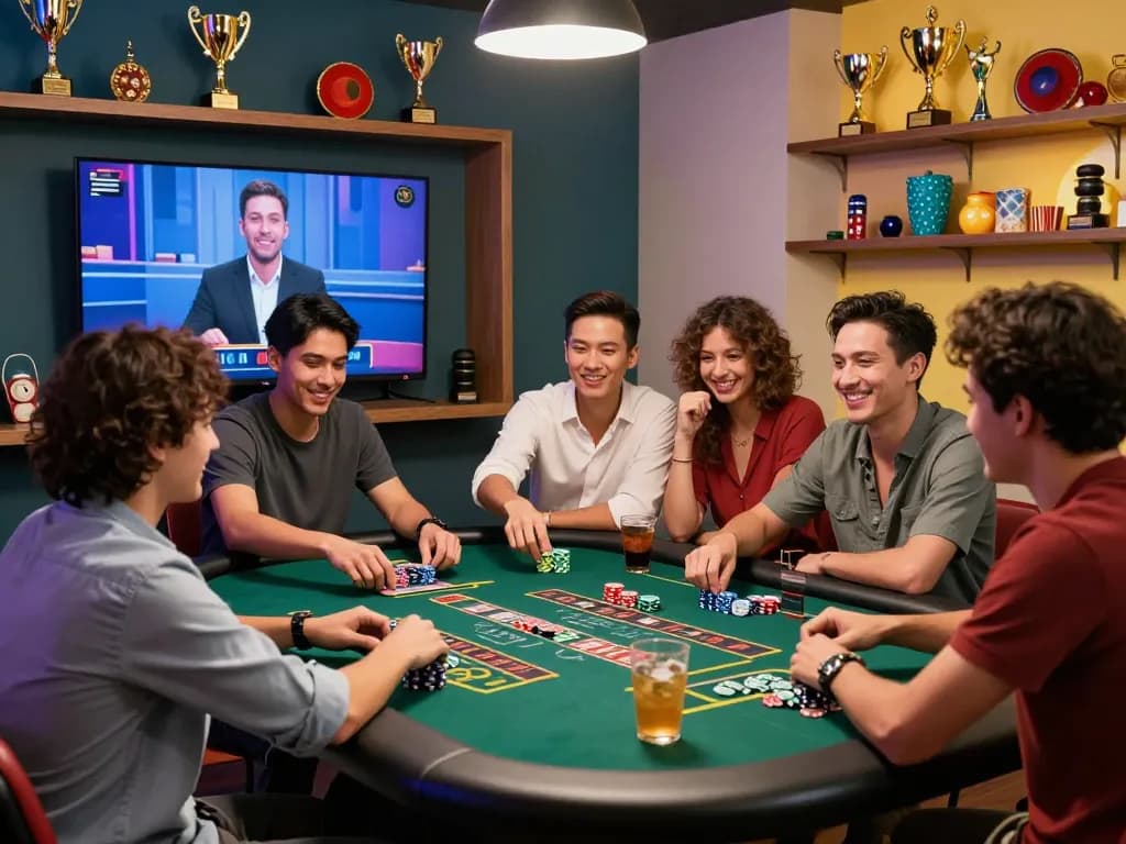 Friends enjoying baccarat on a vibrant online gaming platform, showcasing the excitement of 바카라사이트.