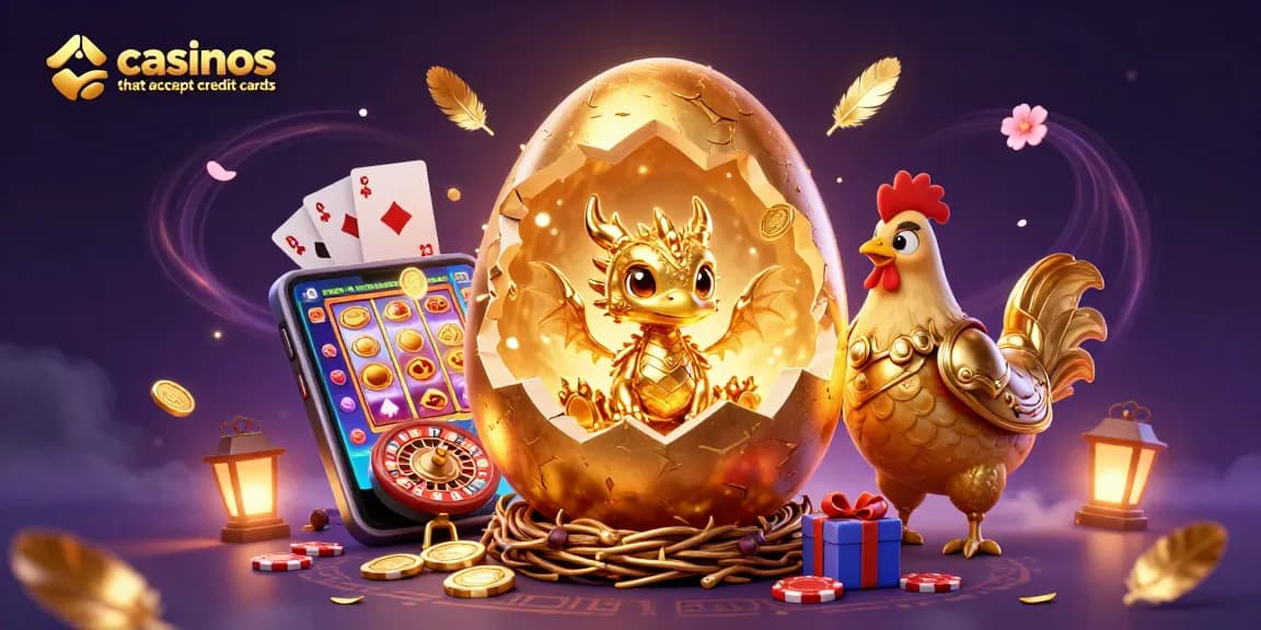 Experience thrill at casinos that accept credit cards with golden dragon, poker chips, and dynamic slot games!