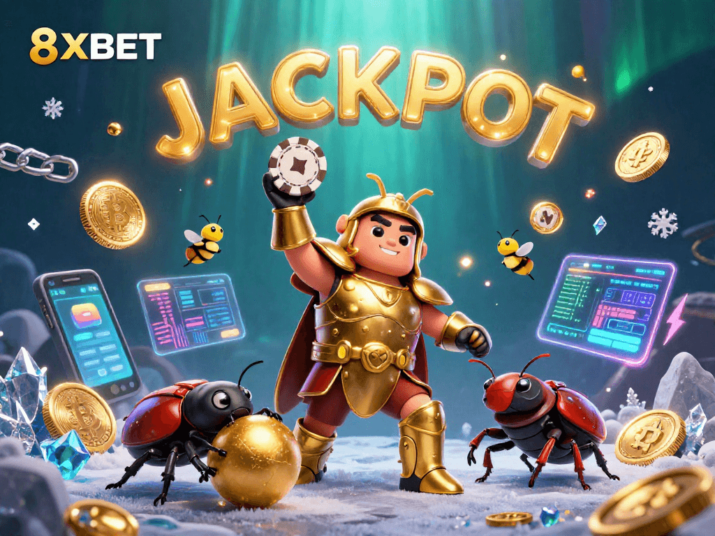 Engage with 8XBET's animated jackpot celebration featuring a victorious beetle character.