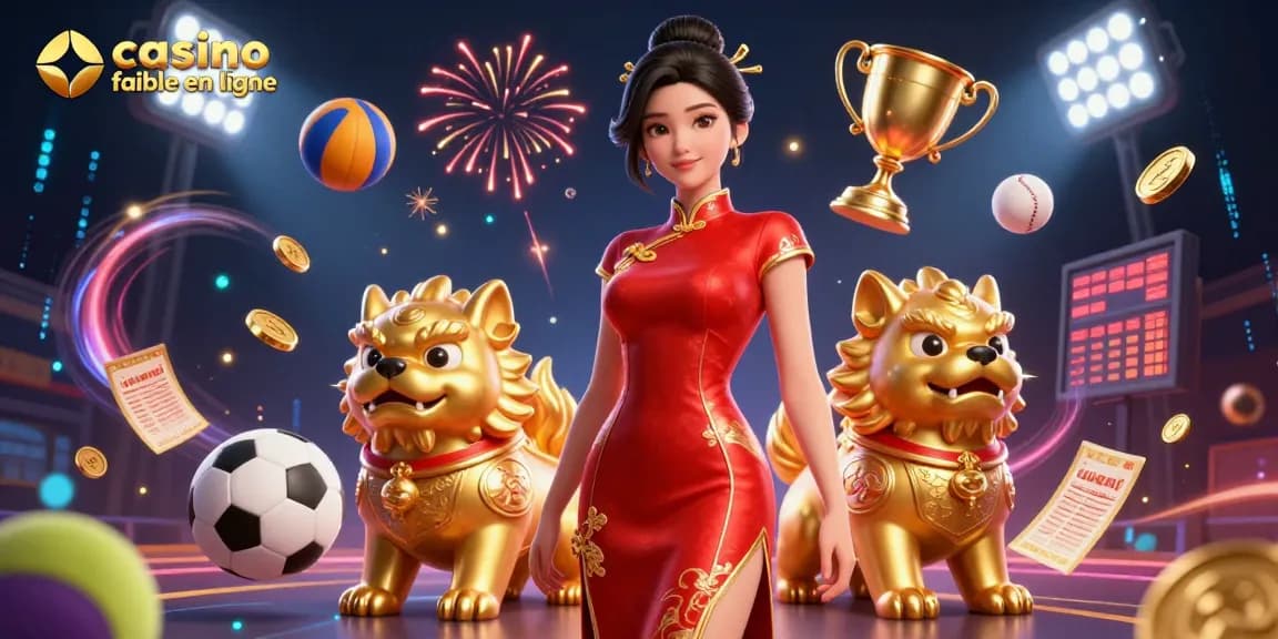Pariez sur un casino fiable en ligne avec une femme glamour au milieu de feux d'artifice 3D vibrants et d'éléments sportifs.