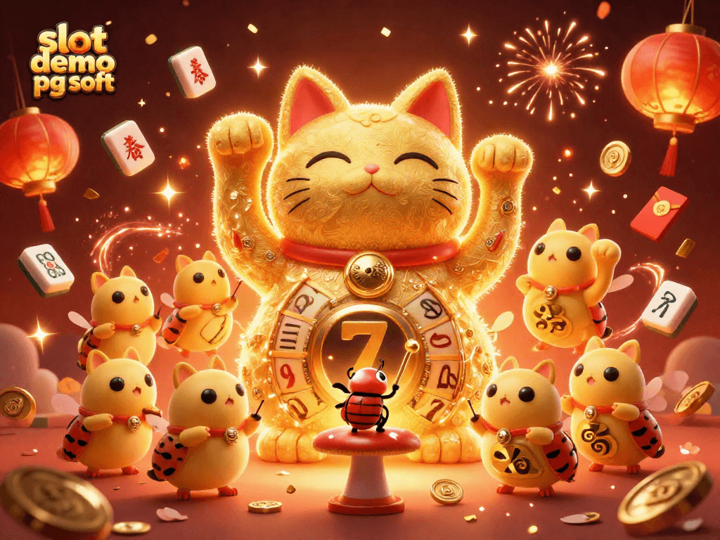 Experience excitement with slot demo pg soft as a dynamic lucky cat and vibrant casino symbols entertain gamblers.