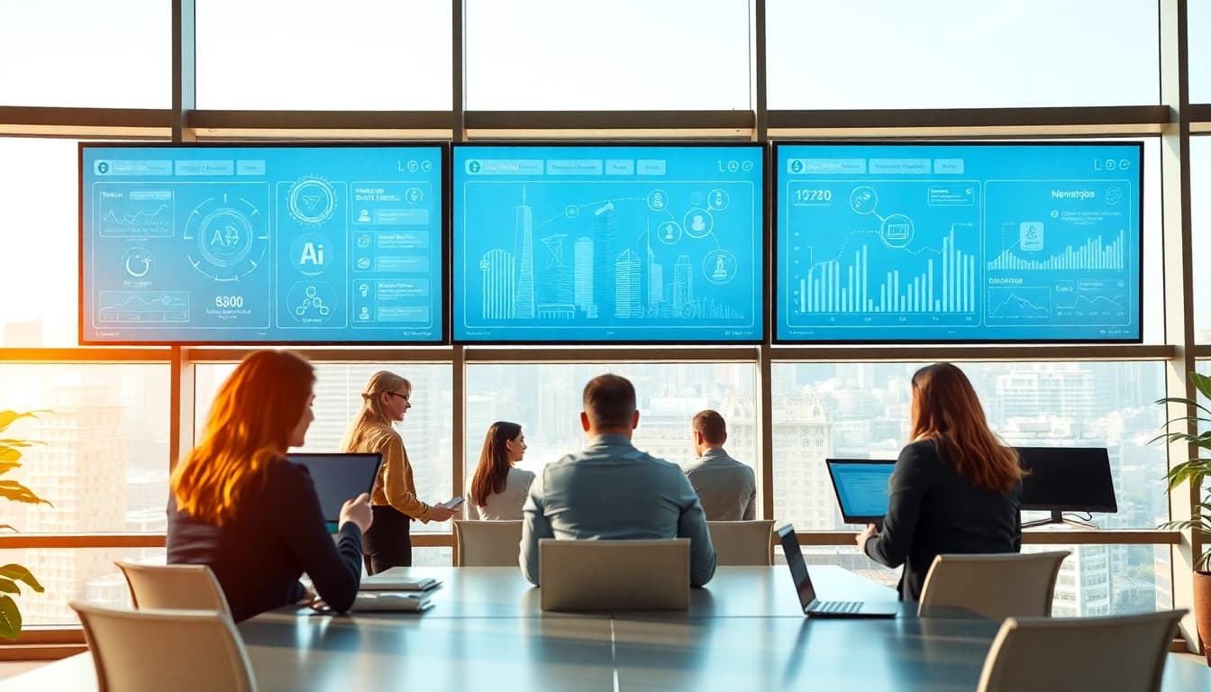 Team collaborating using enterprise assistant software to boost productivity and efficiency in a modern office.