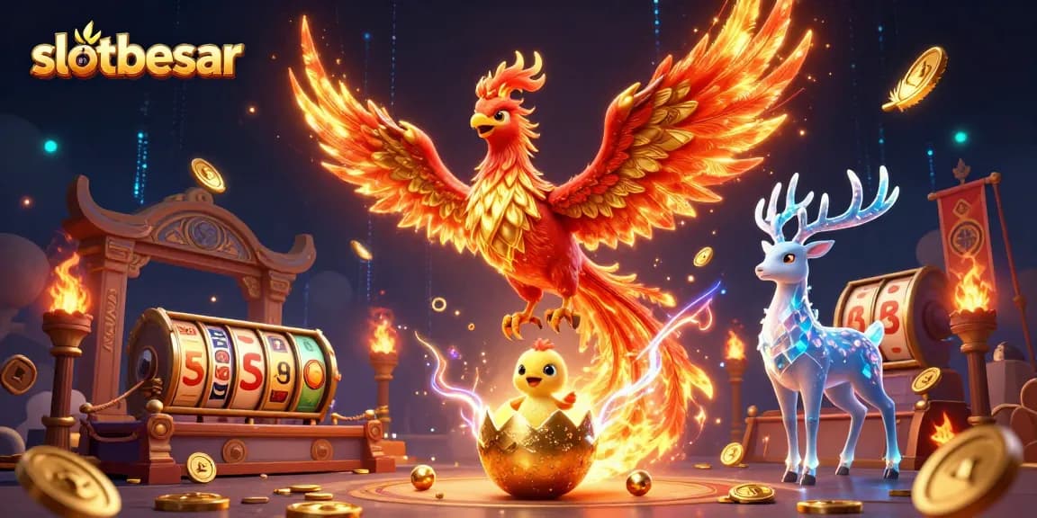 Spin to win at slotbesar with a fiery phoenix rising and golden tokens flying!