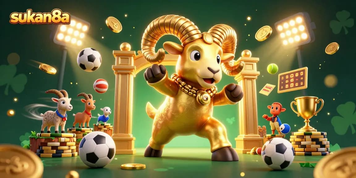 Sukan8a captivates with dynamic golden ram and sports elements in an action-packed casino scene.
