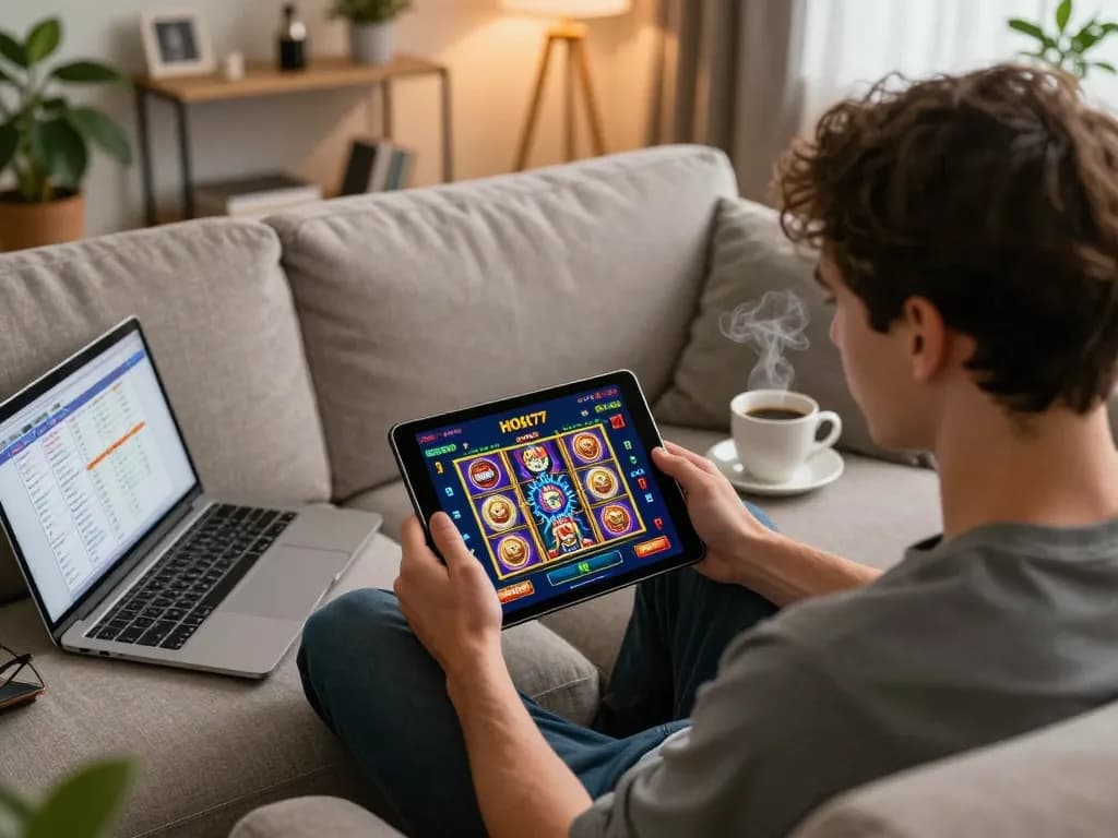 Berkegiatan dengan tautan HOKI77 di tablet sambil menikmati slot online di pengaturan rumah yang nyaman.