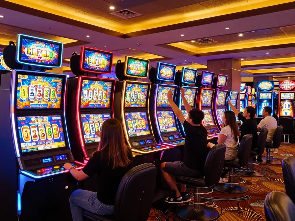 Players enjoying thrilling slot games at 8kbetbh casino with vibrant machines and bright lights