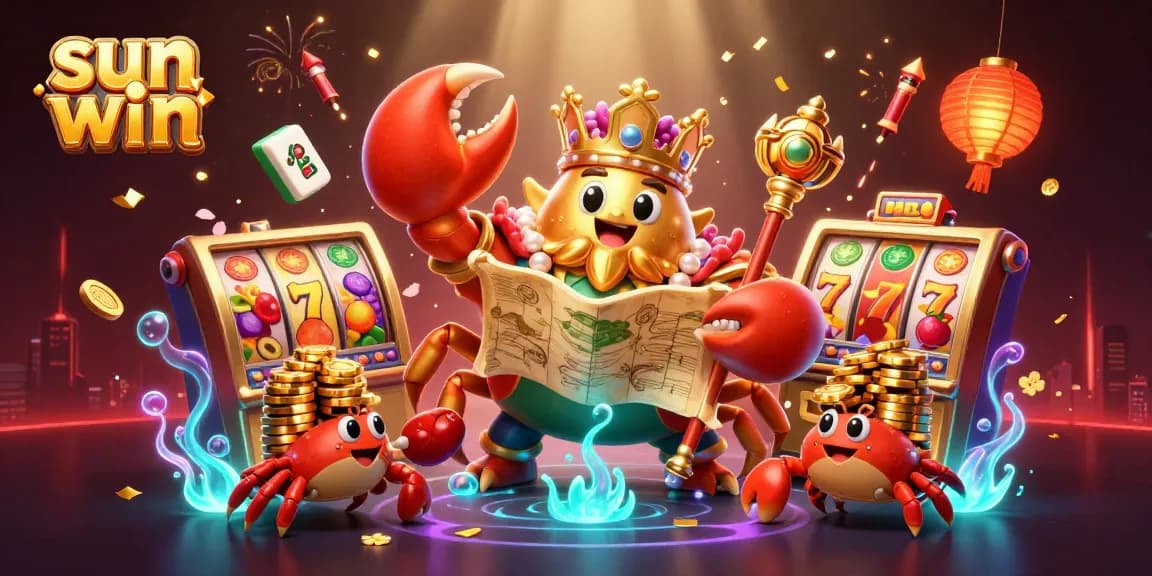 Play exciting casino games with sun win's lavish golden crab emperor in 3D animation.