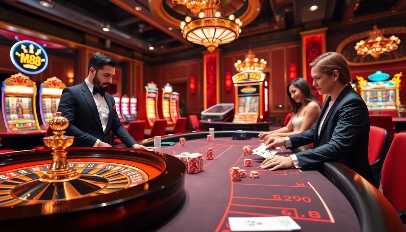Players enjoying exciting games at MM88 casino featuring roulette and poker tables.