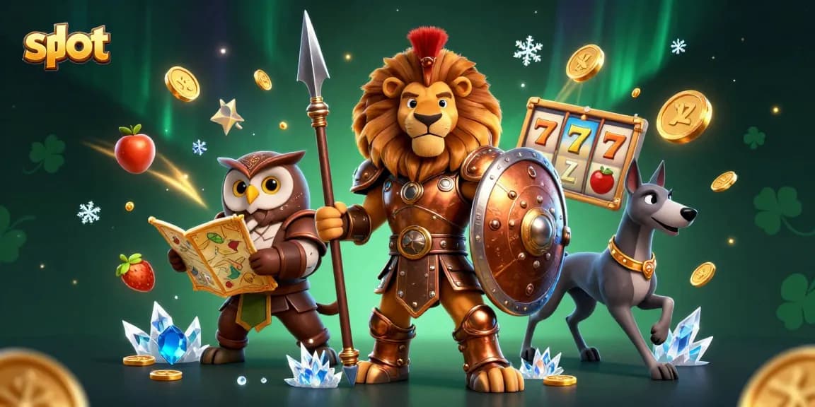 Spin slot reels with a lion champion, owl strategist, and swift greyhound in a dynamic casino scene.