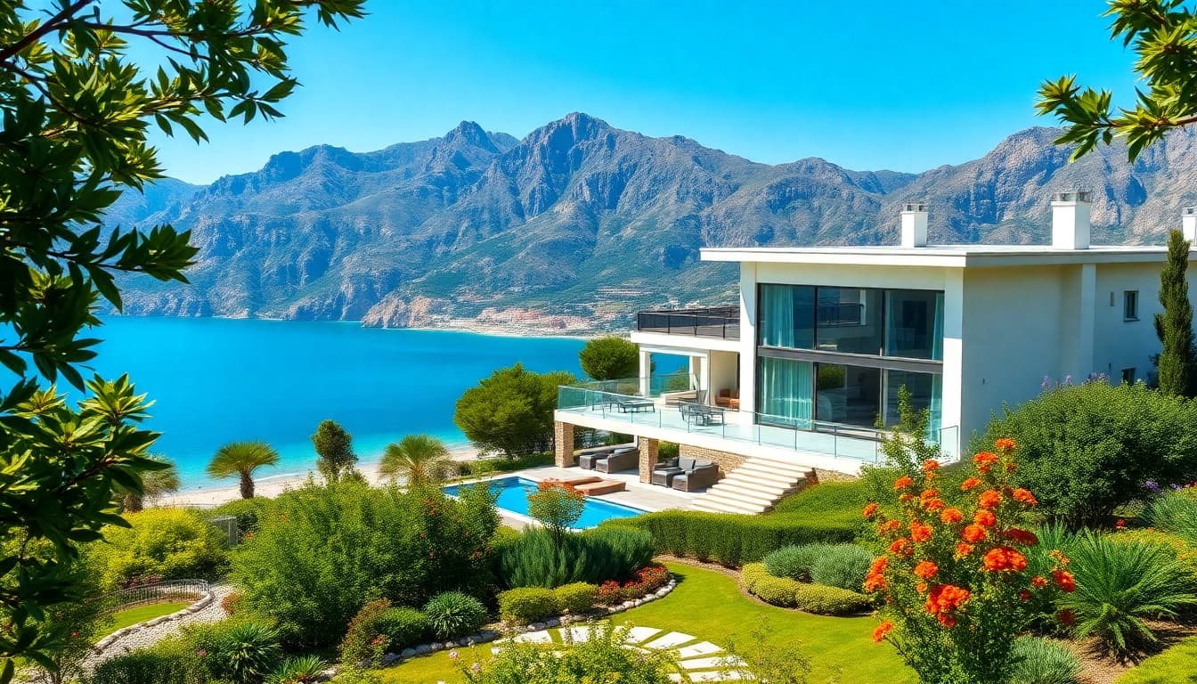 Captivating view of Alanya Turkey homes for sale highlighting lush gardens and modern villa.