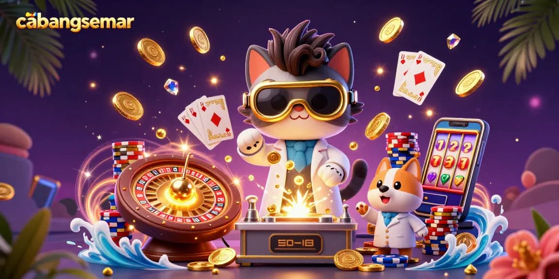 Permainan slot cabangsemar dengan kucing ilmuwan dan anjing, dikelilingi oleh koin emas.