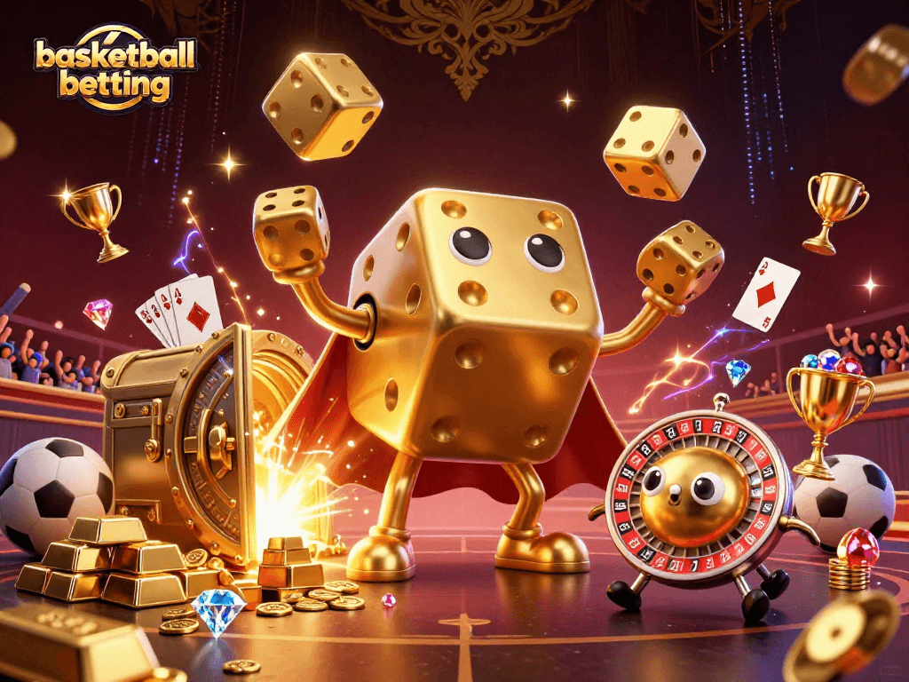 Engage in basketball betting excitement with golden dice golems amidst vibrant casino elements.