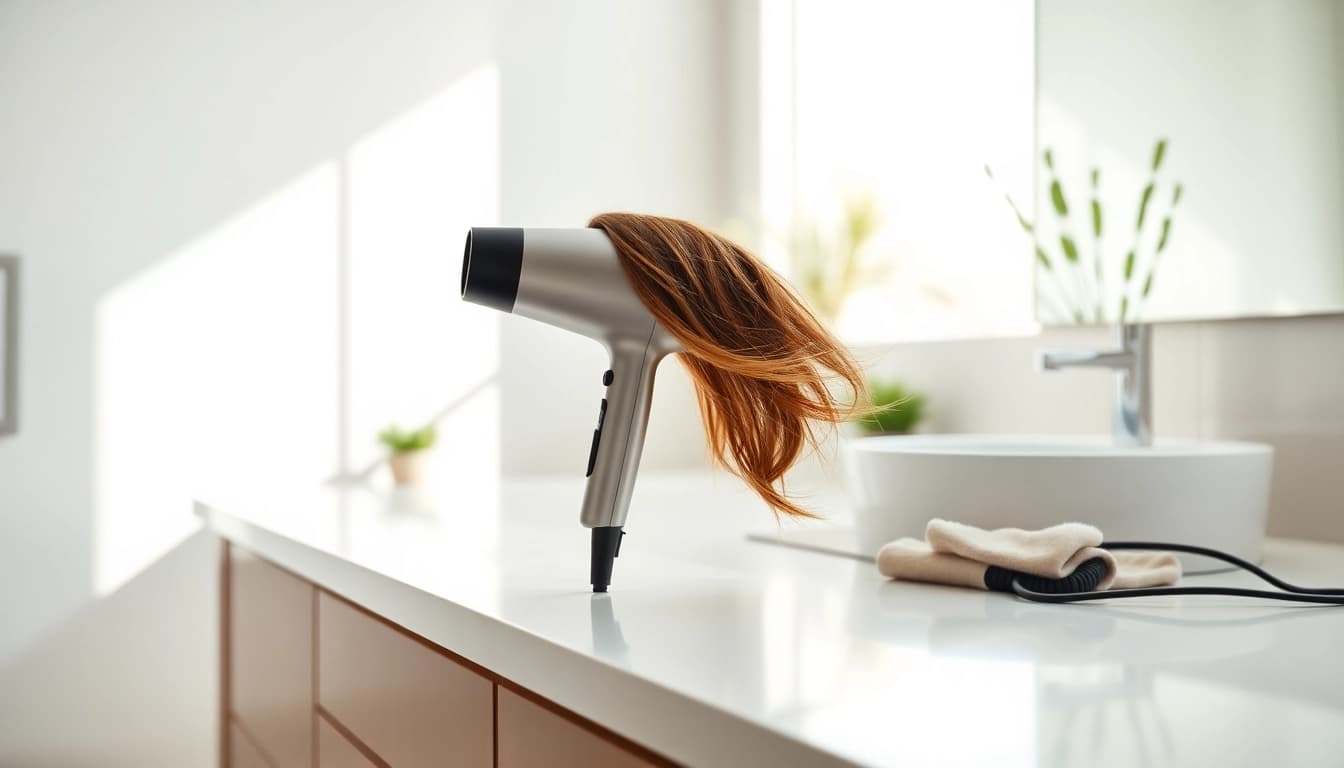Styling with a hair dryer for frizzy hair on a stylish bathroom counter.