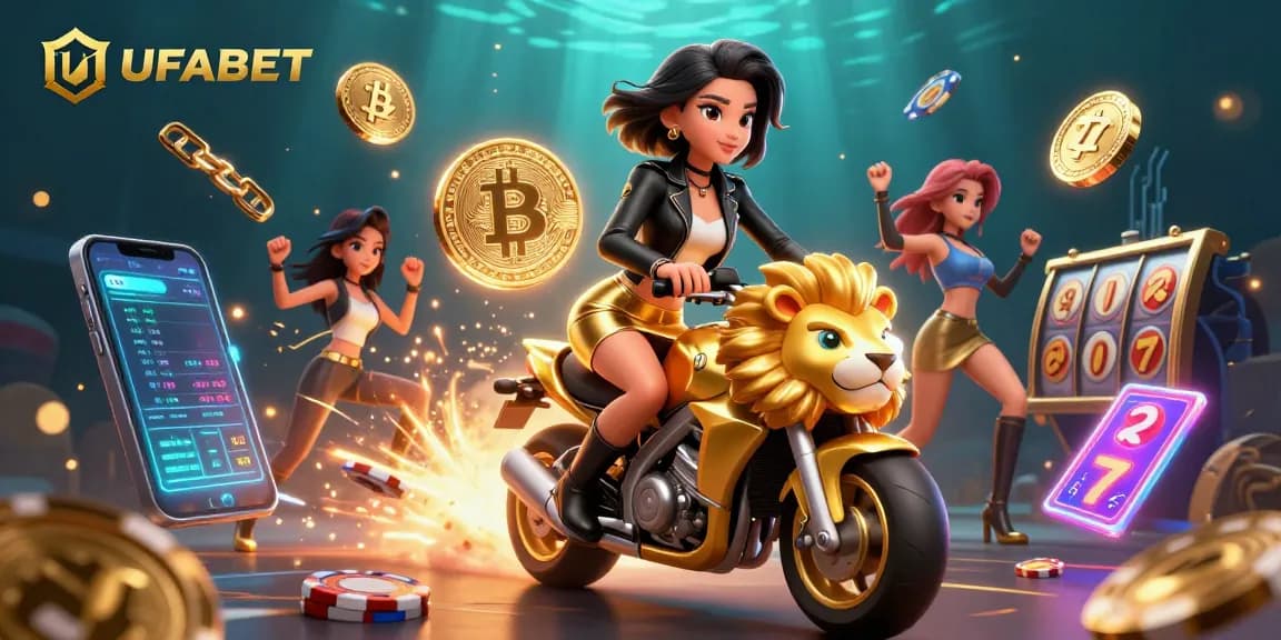 Experience the thrill of UFABET with a dynamic 3D casino scene featuring vibrant characters and game elements.