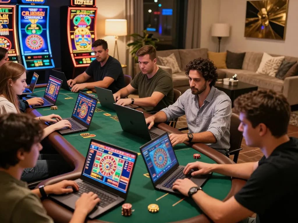 Players enjoying situs slot gaming on laptops in a lively online casino atmosphere.