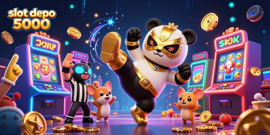 Experience thrilling action with slot depo 5000 as a wrestler panda kicks and wins in a vibrant casino.