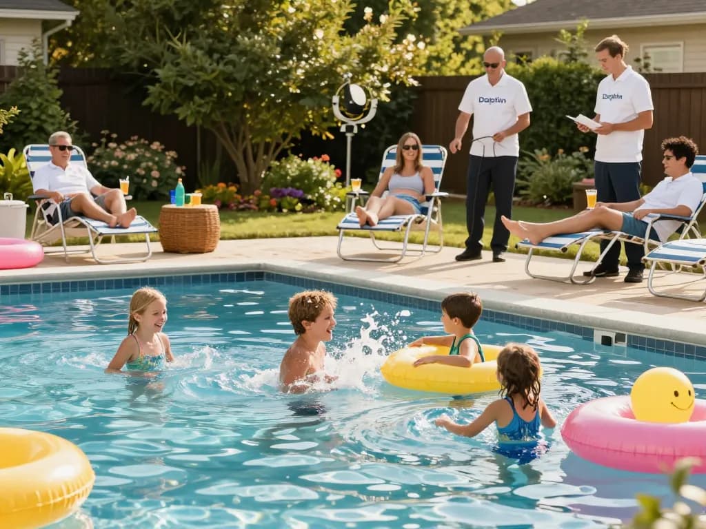 Dolphin Pool Services team maintaining a family backyard pool in Virginia, showcasing sparkling water and cheerful family enjoyment.