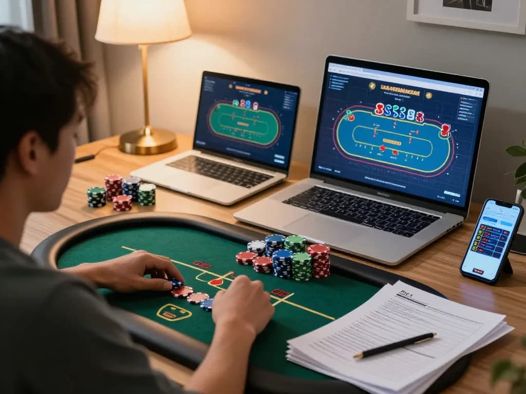 Engaging online poker gameplay at home, showcasing nhà cái 388bet and strategic betting tactics.