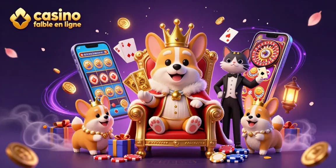 Jouez à un casino fiable en ligne avec une illustration colorée mettant en avant un corgi royal et des éléments de jeu.