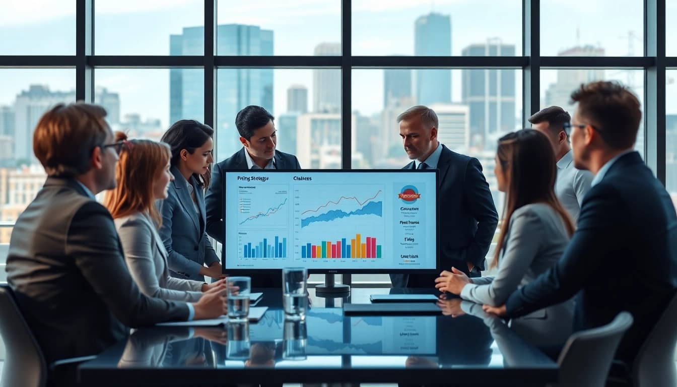 Analyze competitor pricing strategies highlighted by diverse professionals in a modern business setting.