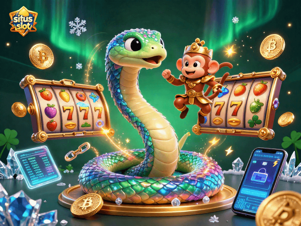 Engage with the colorful situs slot scene showcasing a vibrant 3D rainbow serpent and monkey king among slot symbols.