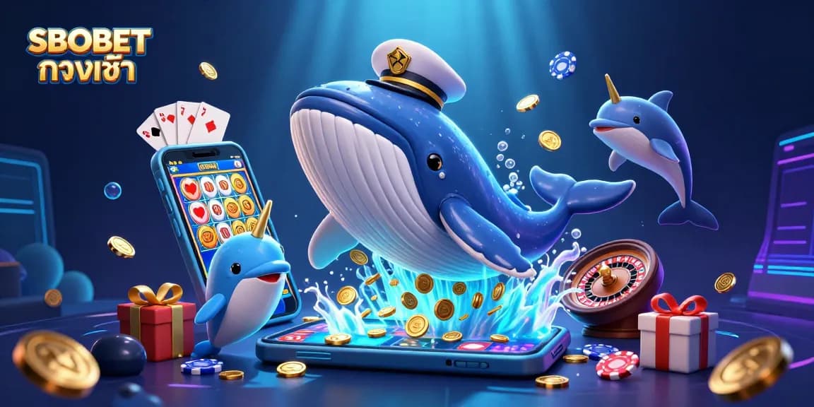 Experience SBOBET ทางเข้า with a lively scene of dolphins, a whale, and vibrant casino elements.
