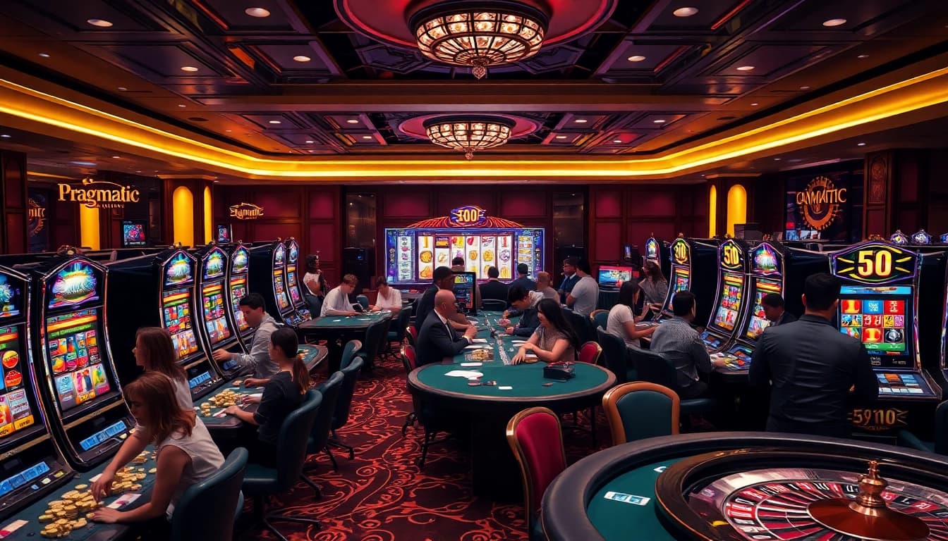 Engaged players at a glamorous casino playing slot pragmatic games with excitement.
