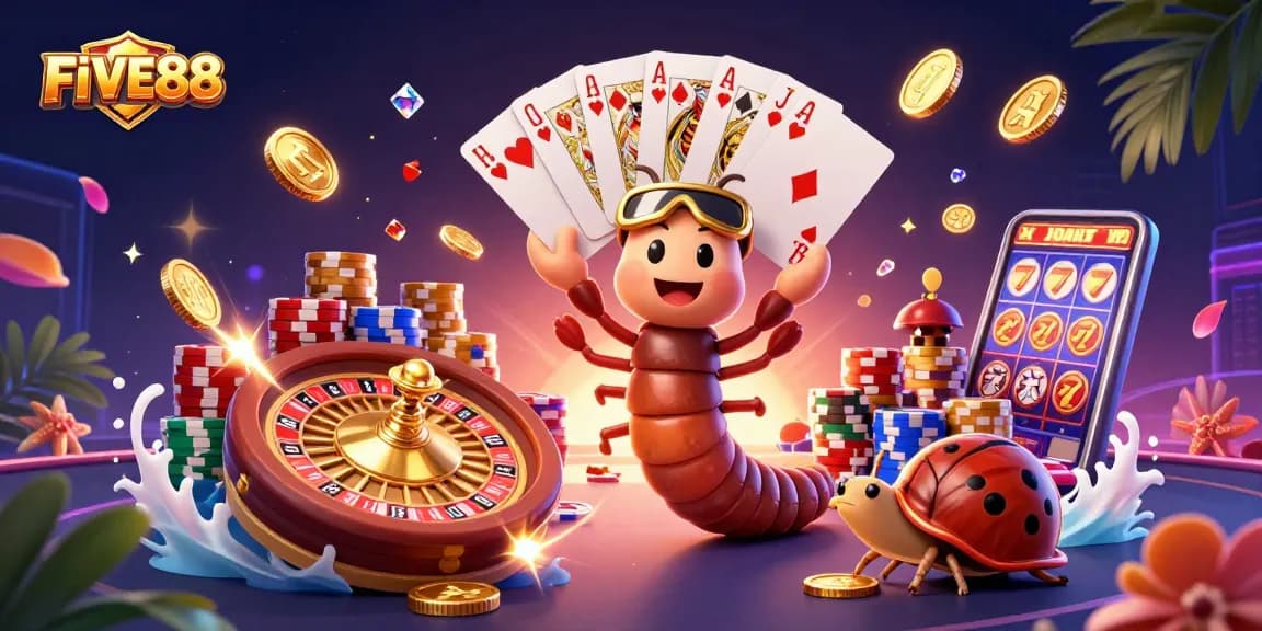 Experience the excitement of FIVE88 with vibrant casino characters and thrilling game elements.
