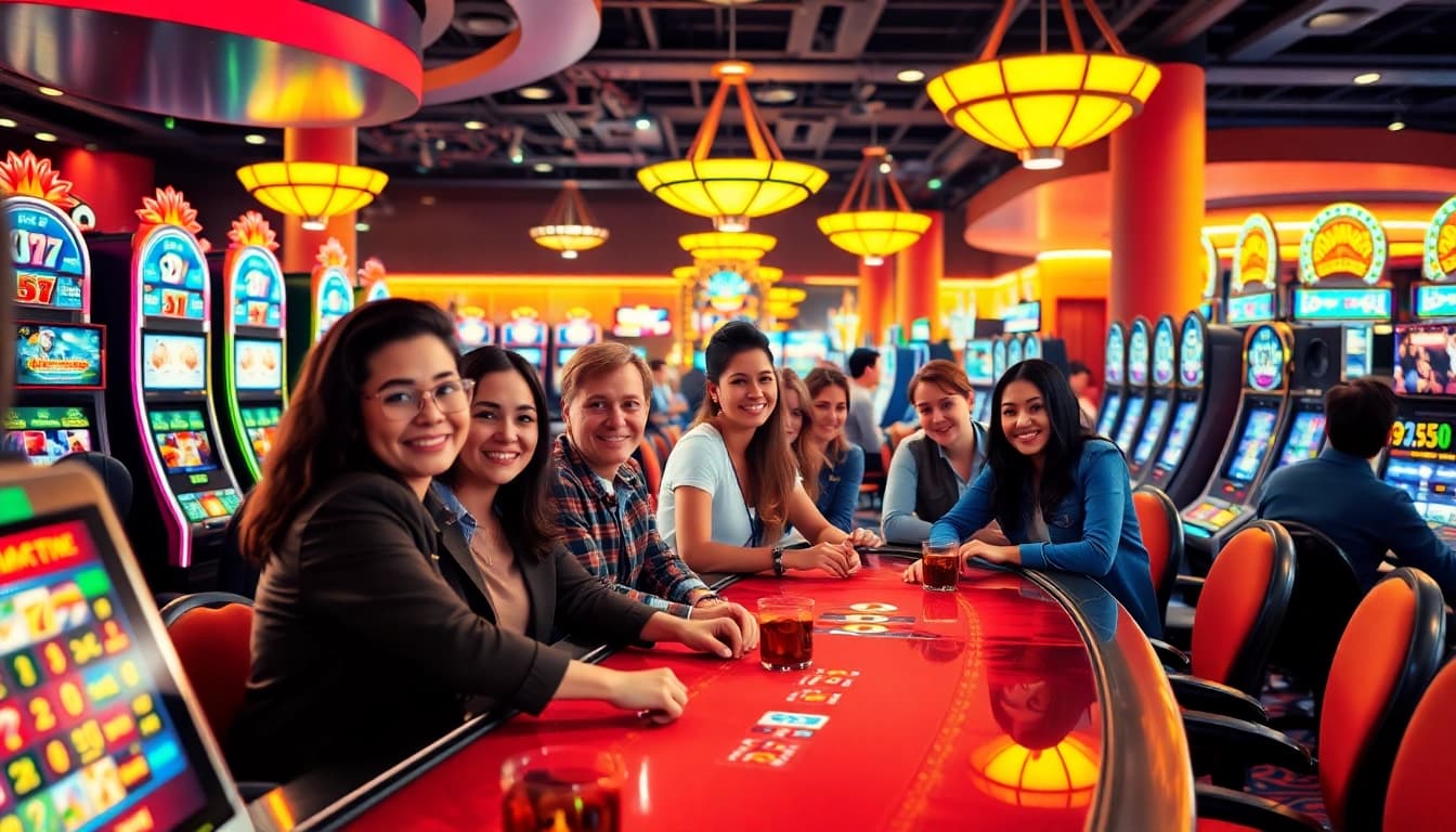 Exciting scene of Non Uk Casino players enjoying vibrant gaming at a casino table.