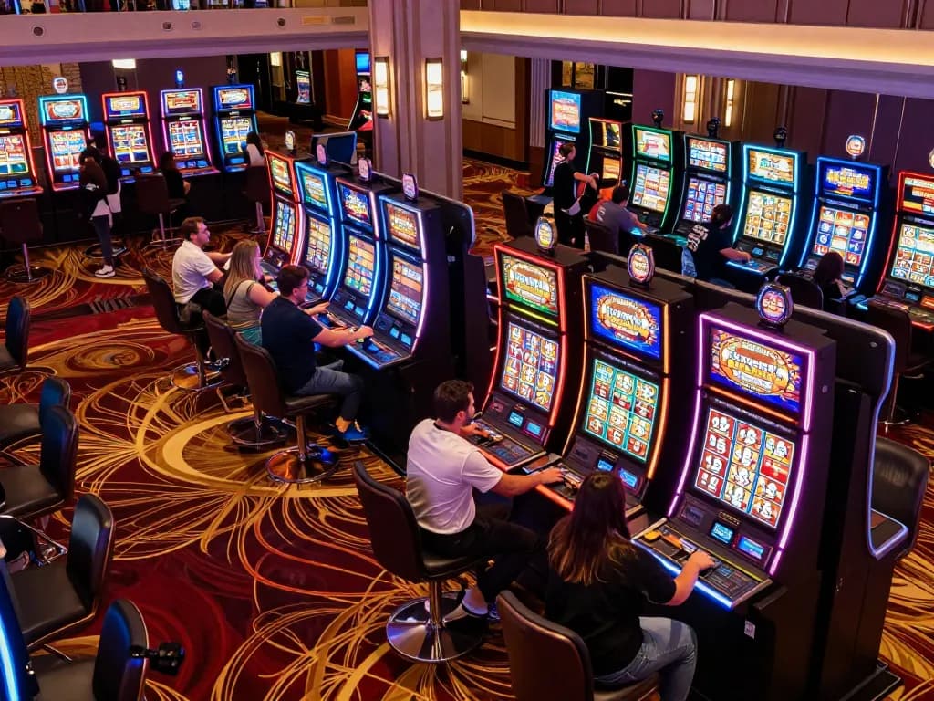 Players engaging at slot machines while enjoying the latest หนังใหม่ชนโรง in a lively casino atmosphere