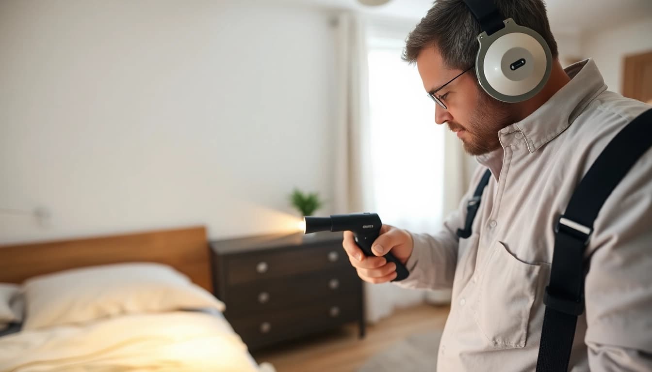 Waukesha bed bug exterminators providing expert inspection services in a clean, illuminated bedroom.