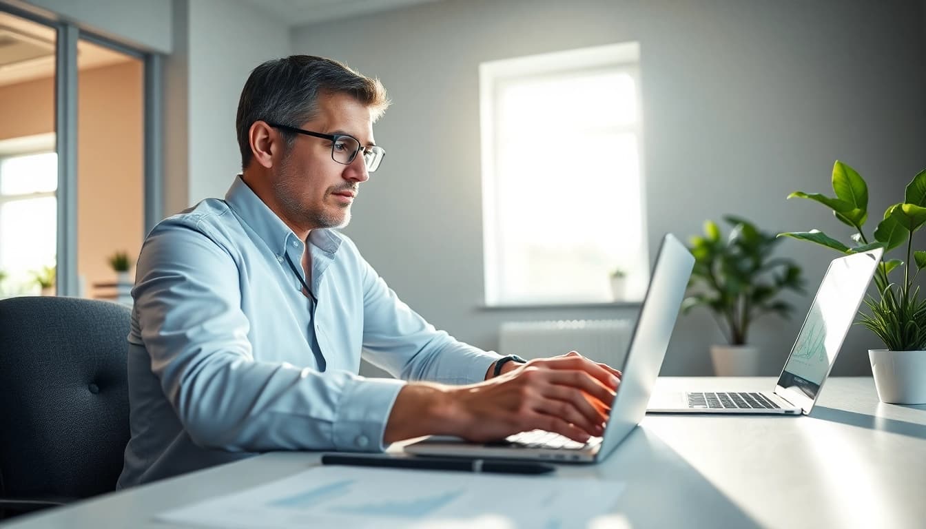 Visualize grants and pre-post award compliance with a consultant working in a bright office.