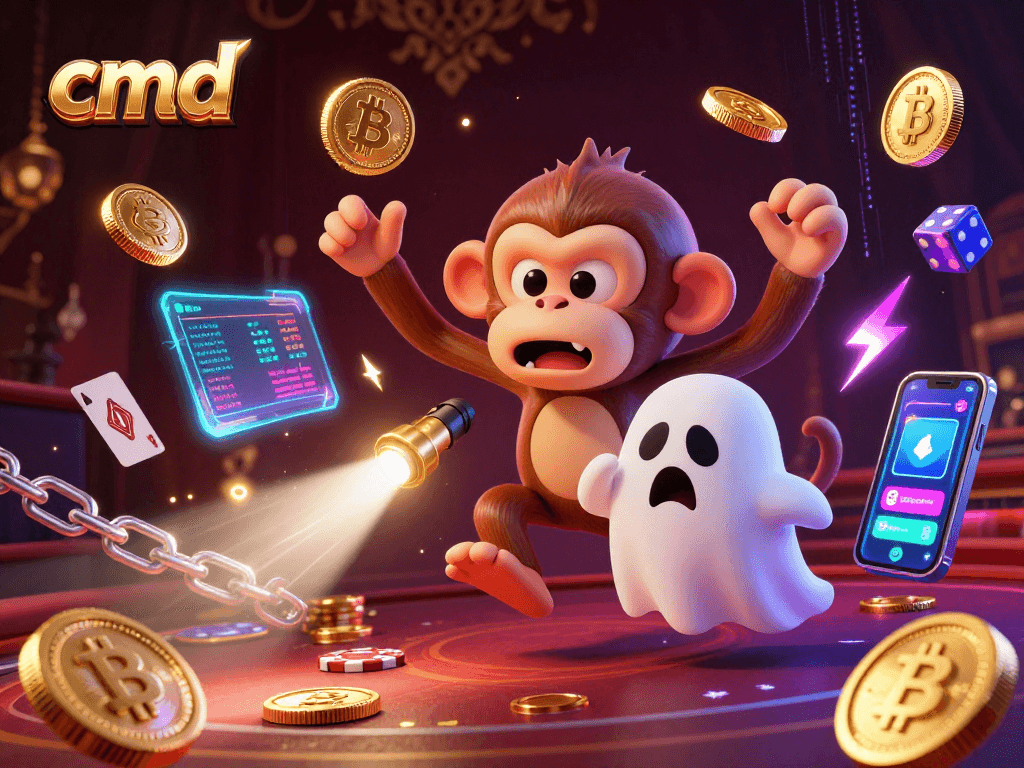 cmd animated scene showcasing a poltergeist monkey juggling coins in a haunted casino