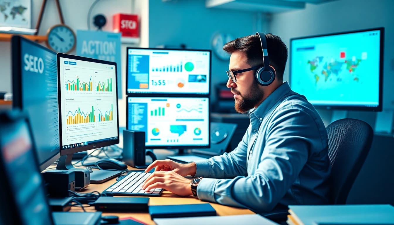 SEO Agentur mit Experten bei der Arbeit an digitalen Marketingstrategien.