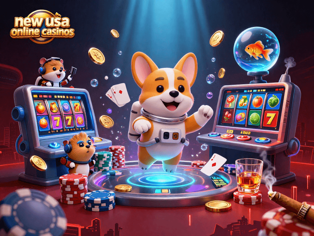 Engage with new USA online casinos through a vibrant 3D cartoon scene of a cosmic casino adventure.