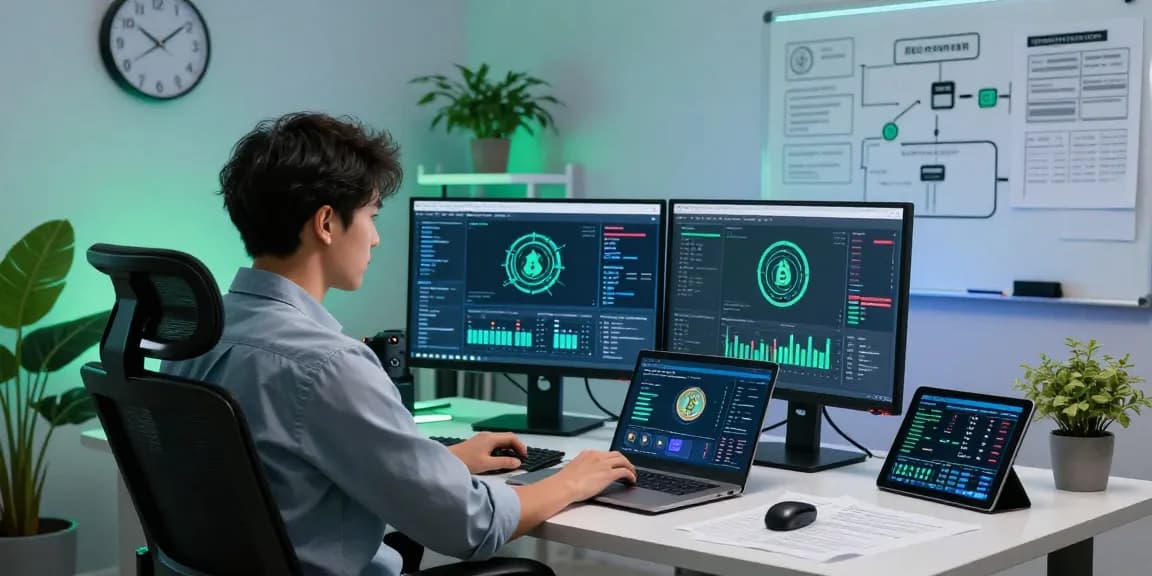 Expert analyzing methods to recover stolen cryptocurrency in a modern digital workspace with advanced technology.
