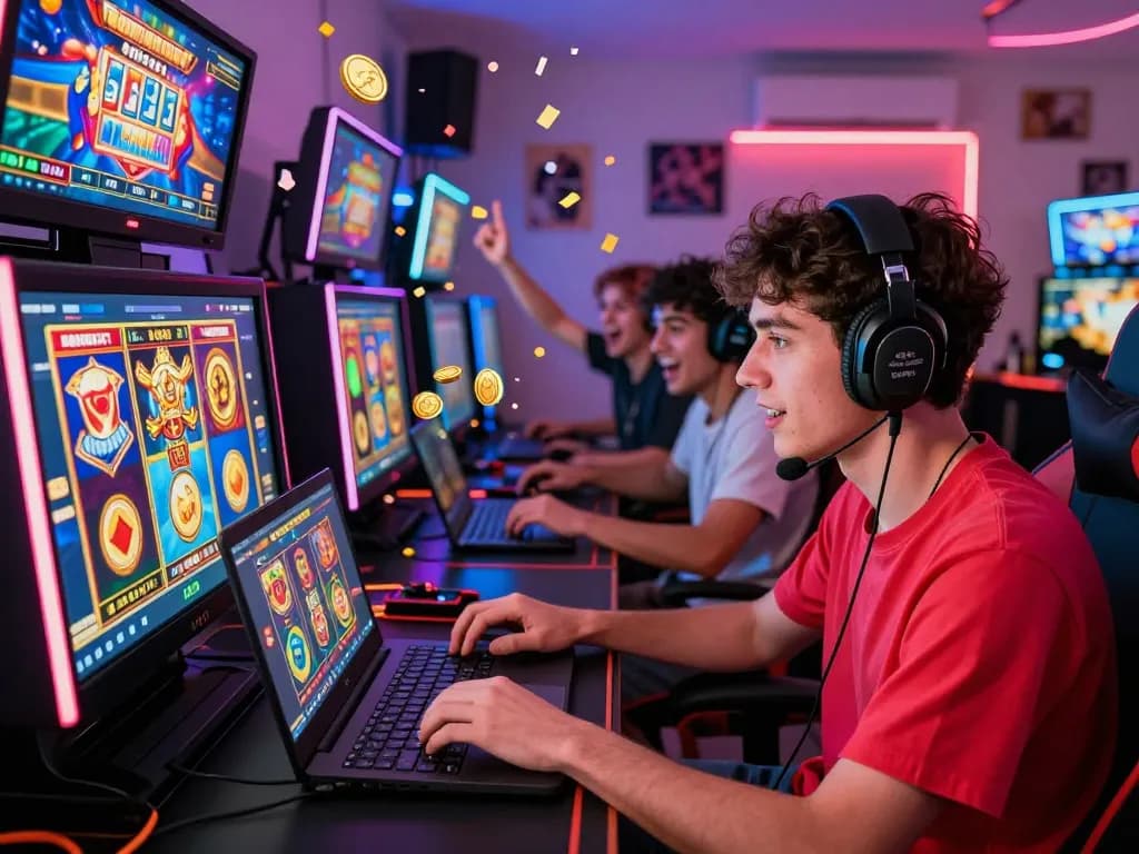 Pemain menikmati permainan slot online laoban188, merayakan kemenangan dalam suasana bermain yang semarak.