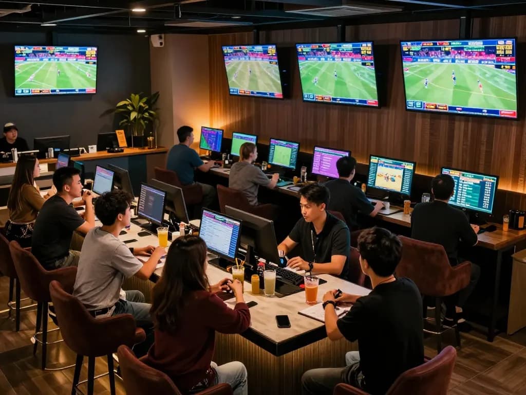 Sports enthusiasts engaging in dynamic betting activities at a modern lounge, analyzing soi keo nha cai strategies
