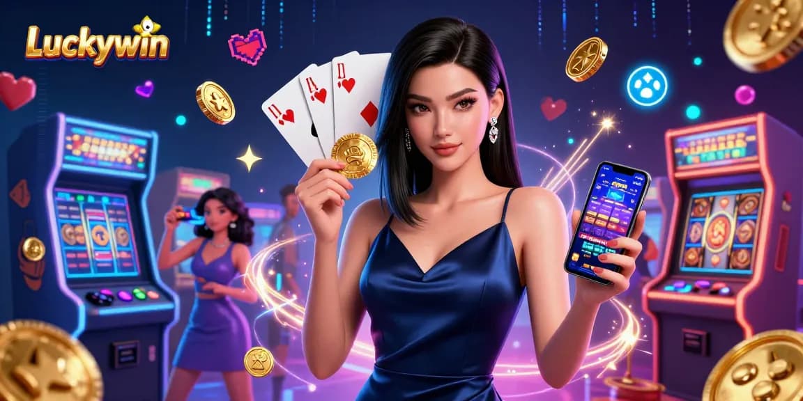 Play slots at Luckywin with a stunning Asian woman holding a golden chip and casino app.