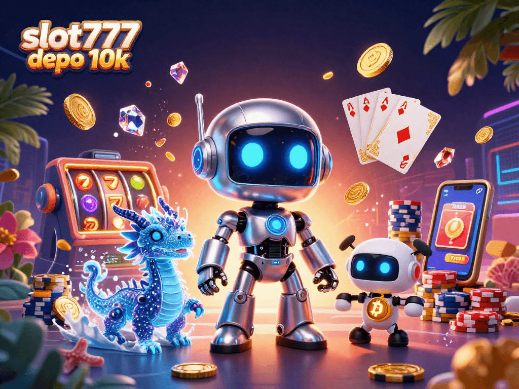 Engage in slot777 depo 10k for a thrilling casino experience with futuristic characters and vibrant gameplay elements.