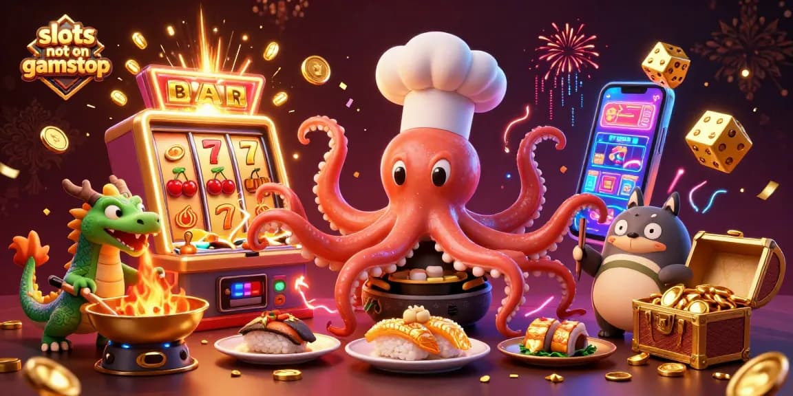 Engage with slots not on gamstop in this dynamic 3D casino illustration featuring exciting game elements and festive energy.