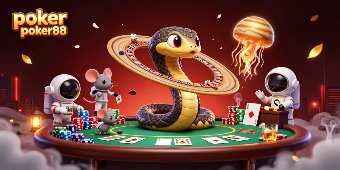 Betting on poker online poker88 in a fantastical casino scene with a cosmic dealer and vibrant elements.